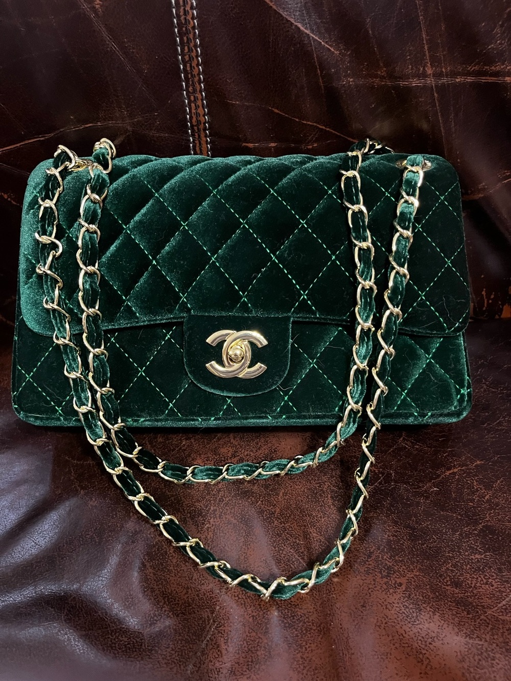 Double C Emerald Green Gold Tone Hardware  Quilted Velvet Classic Flap Bag Purse